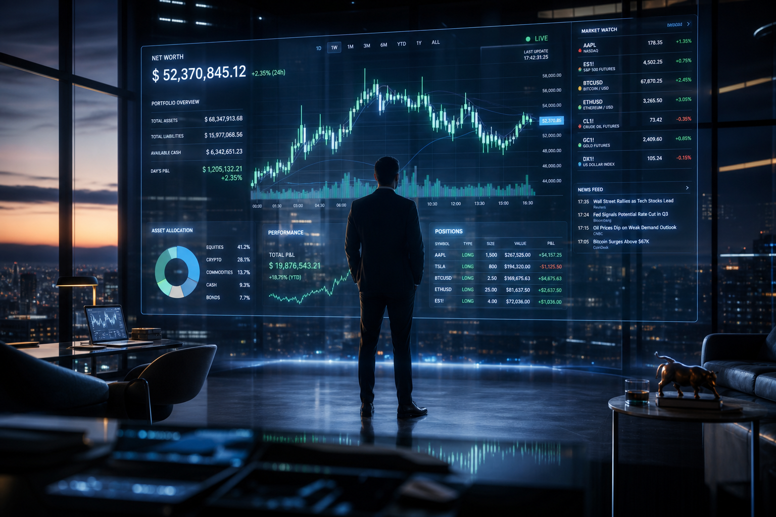 A trader in a sleek glass finance command center interacting with a holographic multi-asset portfolio of charts and millisecond price tickers at dusk