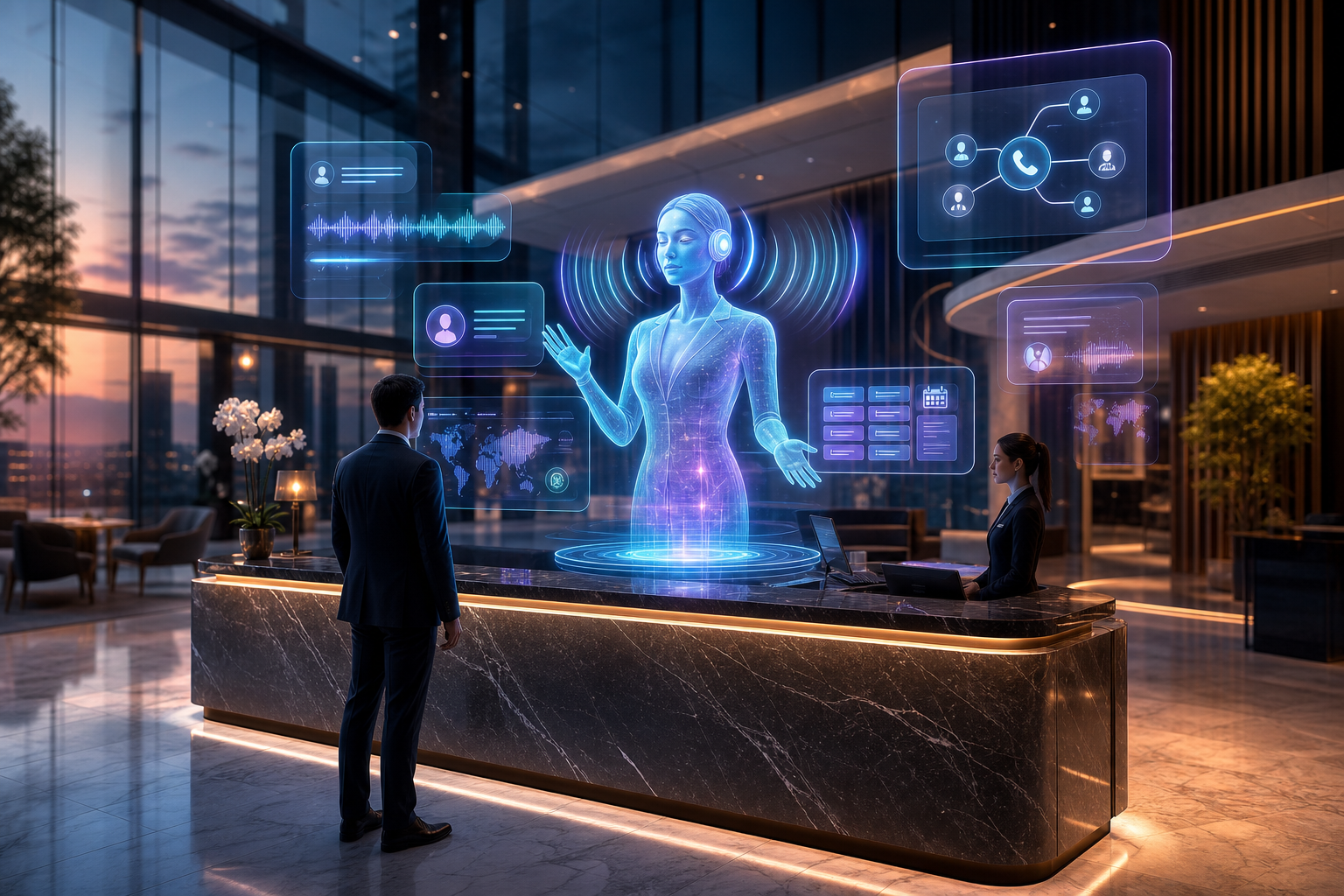 A holographic AI voice concierge answering calls above a premium enterprise reception desk, with floating call-routing, live transcription and appointment panels